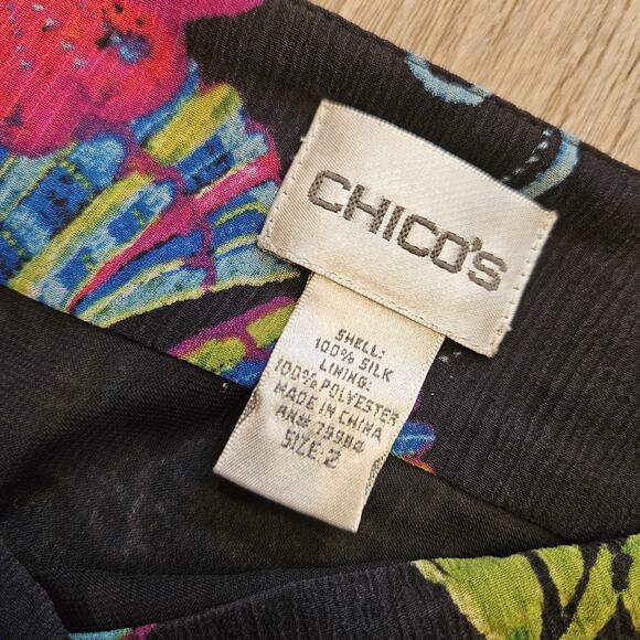 Vtg Chicos Floral Silk Midi Skirt Womens 2/Medium Black Ruffle Boho Artsy Grunge - Picture 6 of 8